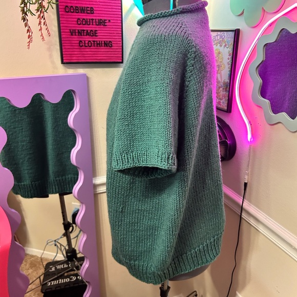 Vintage 80s Handknit Sweater Top Green Seafoam - Picture 4 of 5